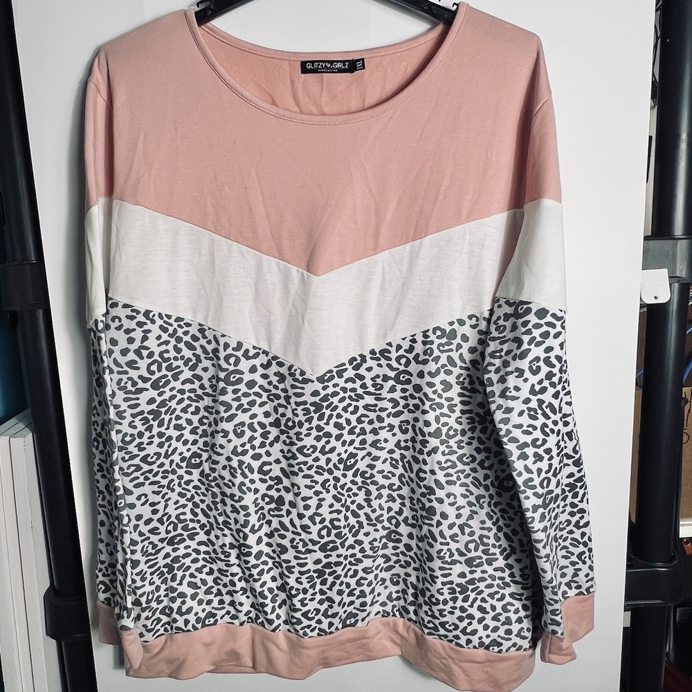 Glitzy Girlz Women's Plus 3XL Colorblock Leopard Print Long Sleeve Top Pink Gray